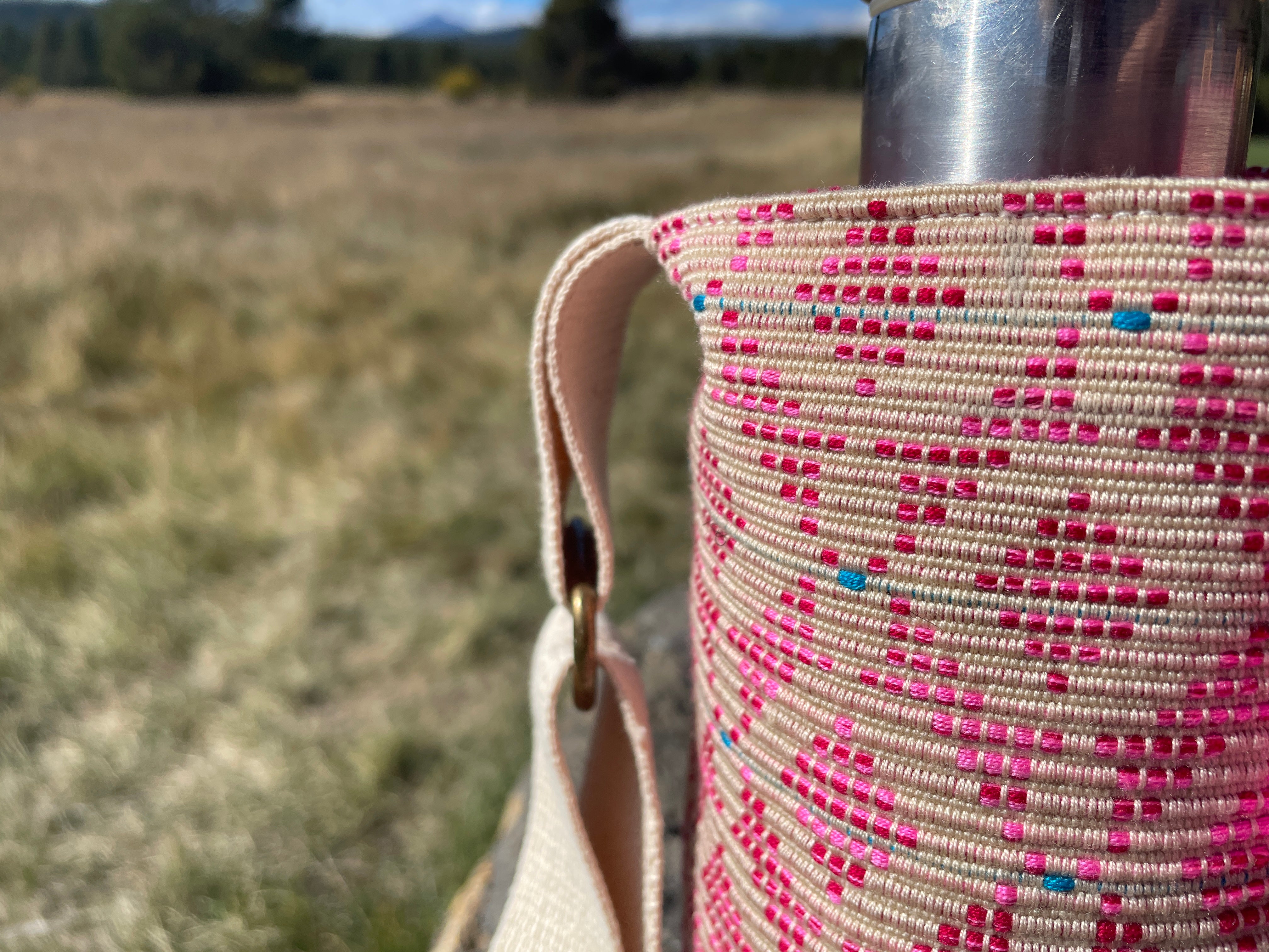 Made by Minga, Woven Water Bottle Holder with Leather Strap